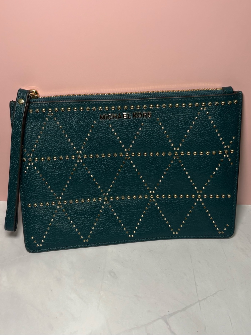 😍 Michael Kors Dark Teal Studded Leather Wristlet Clutch with Gold-tone Hardware